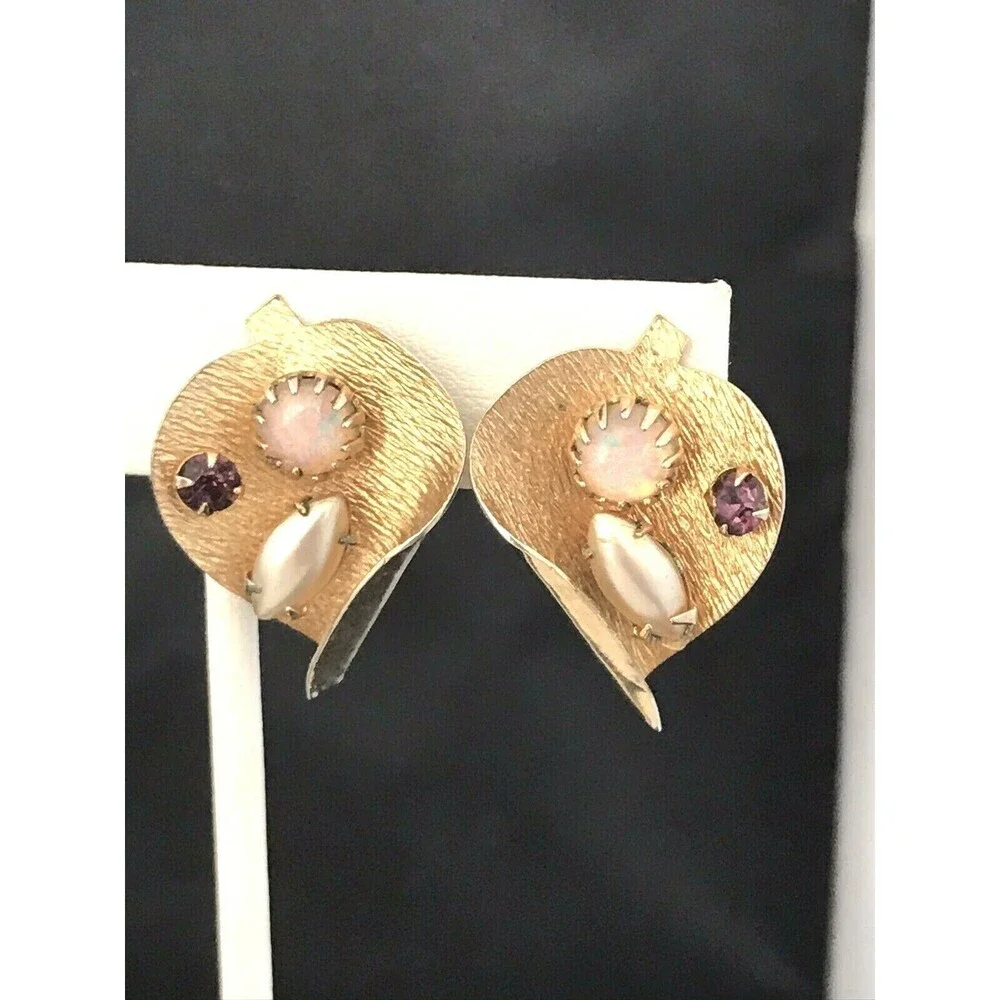 Vintage 1960s Gold Tone Clip Earrings Pearl Rhinestone Mid Century Modern - 1F